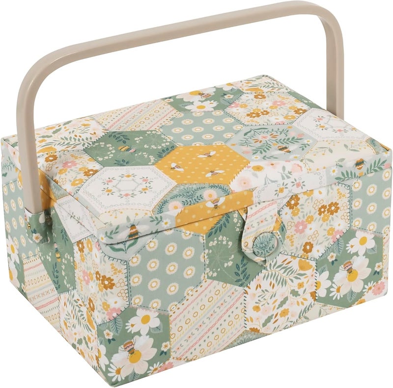 Hobby Gift Medium Sewing Craft & Hobby Storage Box, Accessories Tray Pin Cushion Pockets, 10 x 7.3 x 5.7" - Patchwork Bees - Image 1